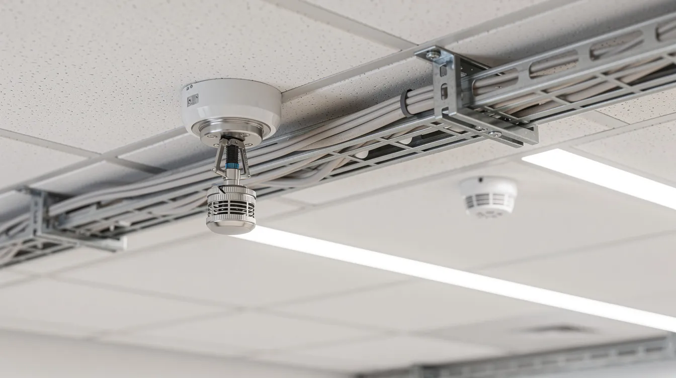 This close-up image captures a commercial ceiling equipped with essential fire protection systems, including sprinkler heads, smoke detectors, and cable trays, highlighting the fire safety provisions necessary for compliance with the Singapore Civil Defence Force (SCDF) regulations. These elements are crucial for ensuring fire safety in clinical environments, emphasizing the importance of fire safety plans and approvals for building owners.