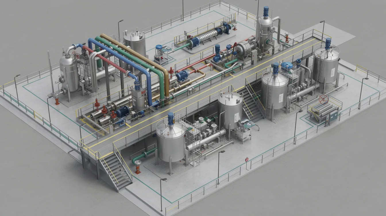 The image depicts a 3D digital model of an industrial plant layout, showcasing various equipment, piping, and access routes, essential for understanding the risk management framework necessary for effective shutdown risk management and maintenance planning. This detailed representation aids in identifying potential risks and ensuring regulatory compliance while optimizing workplace safety.