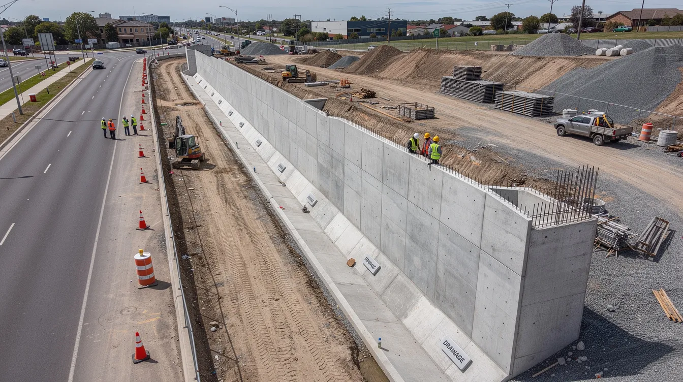 An aerial view showcases a reinforced concrete retaining wall built alongside a public road and an open drainage channel at a construction site, highlighting the wall design and its role in the approval process for infrastructure development. The image emphasizes the importance of safety and resource allocation during the construction phase.