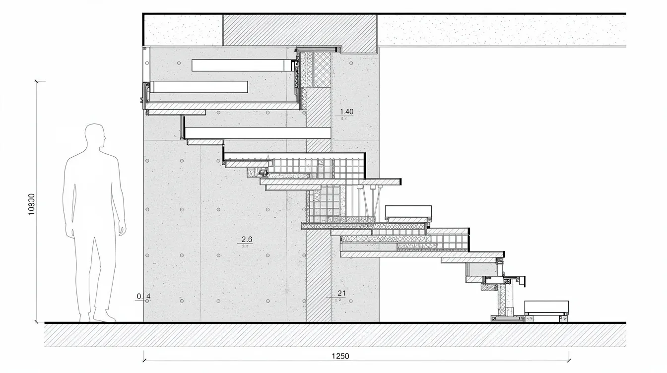 The image depicts an architectural section drawing of a cantilevered staircase, showcasing hidden steel connections integrated within a reinforced concrete wall. This design emphasizes structural calculations and engineering principles essential for staircase structural design and load calculations.