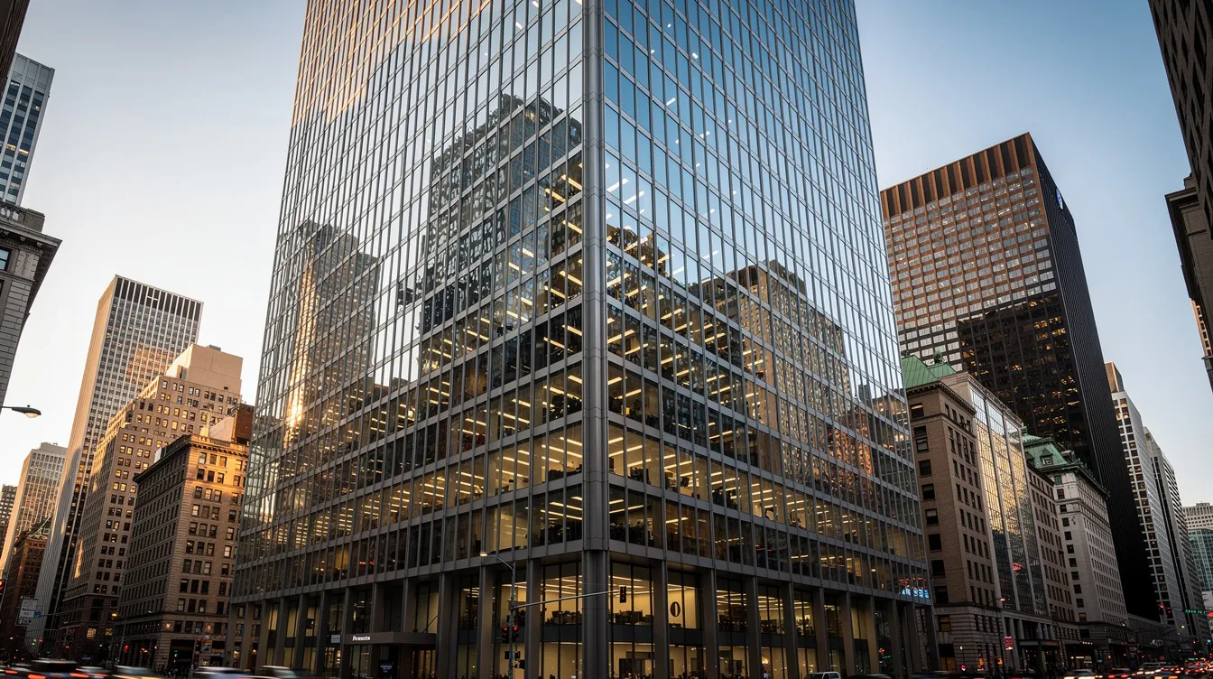 The image depicts a high-rise glass office tower with a reflective facade, surrounded by other buildings in a bustling urban environment. This setting highlights the importance of periodic facade inspections to ensure public safety and maintain the structural integrity of tall buildings.