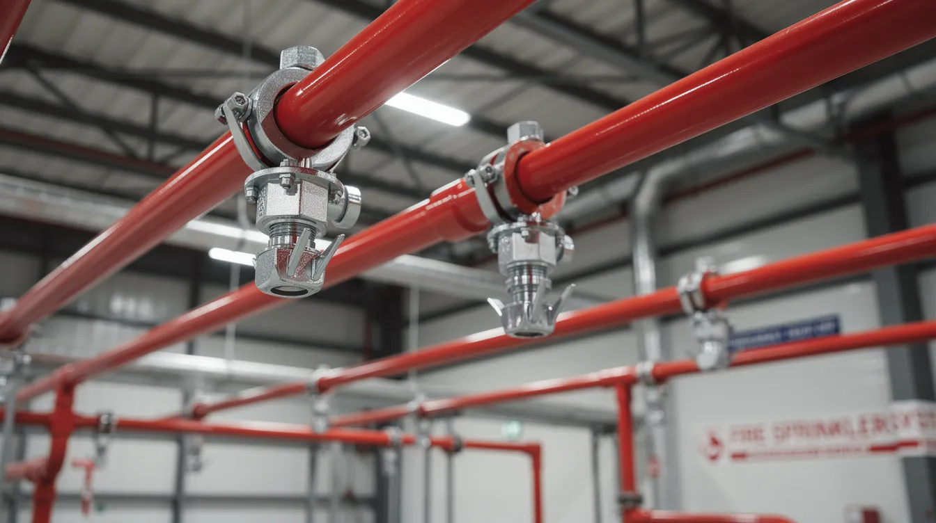 The image features a close-up view of ceiling-mounted fire suppression nozzles accompanied by red piping, highlighting essential fire protection systems in an industrial facility. This setup is crucial for ensuring compliance with fire safety standards and effective emergency response plans.