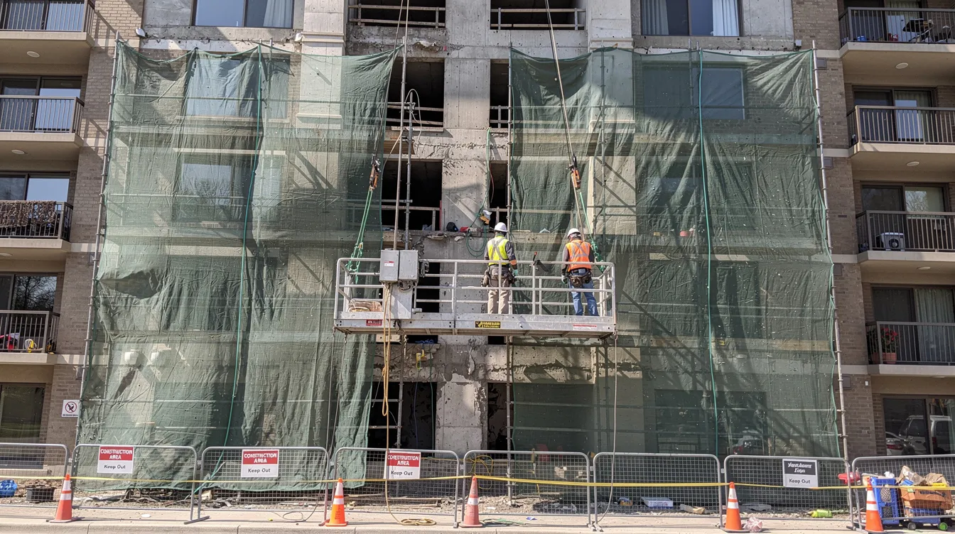 The image depicts façade rectification work in progress on a residential condominium, showcasing a gondola access system and safety netting to ensure safety during the inspection and repair process. The scene highlights the importance of façade inspectors and structural engineers in addressing defects and adhering to new regulations for building owners and multiple owners of properties.