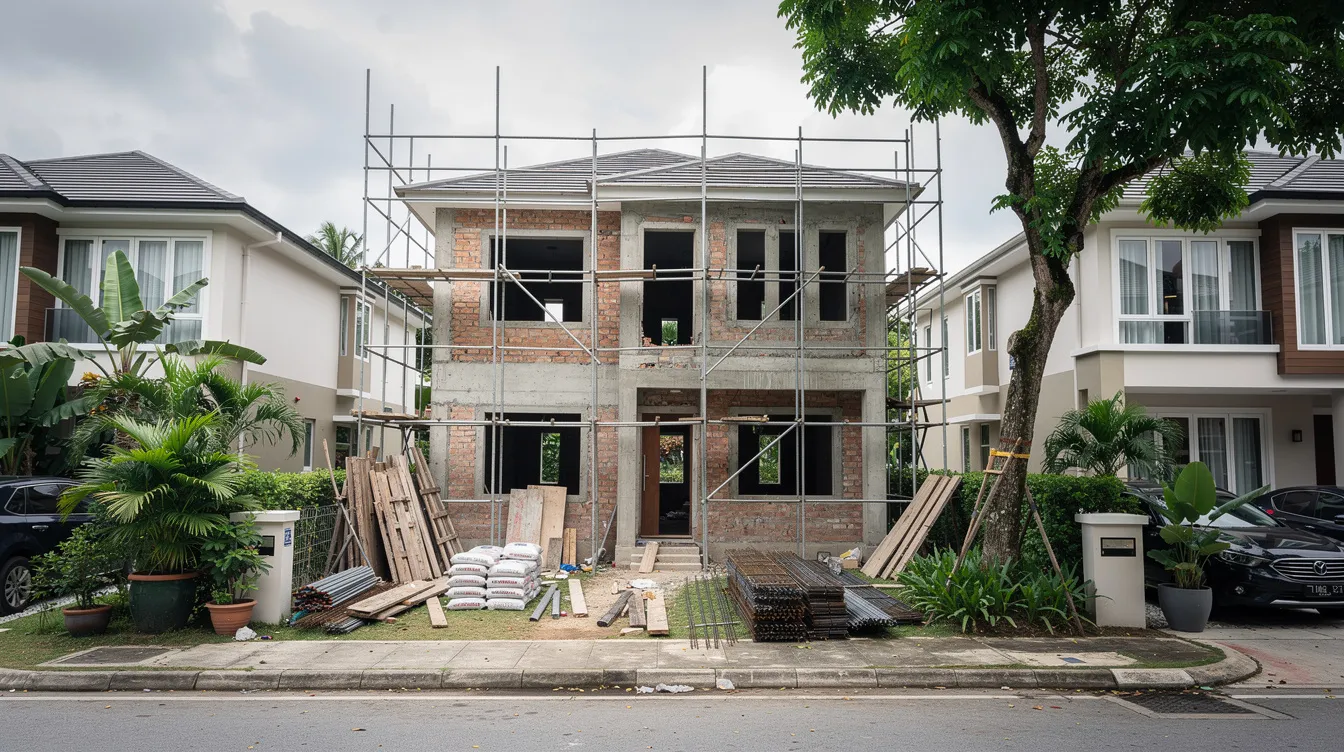 A detached residential house is under construction in a leafy Singapore neighborhood, surrounded by scaffolding and adjacent houses on both sides. This construction project highlights the complexities of house rebuilds, where clear communication and expert advice are essential to manage project timelines and avoid potential delays and additional costs.