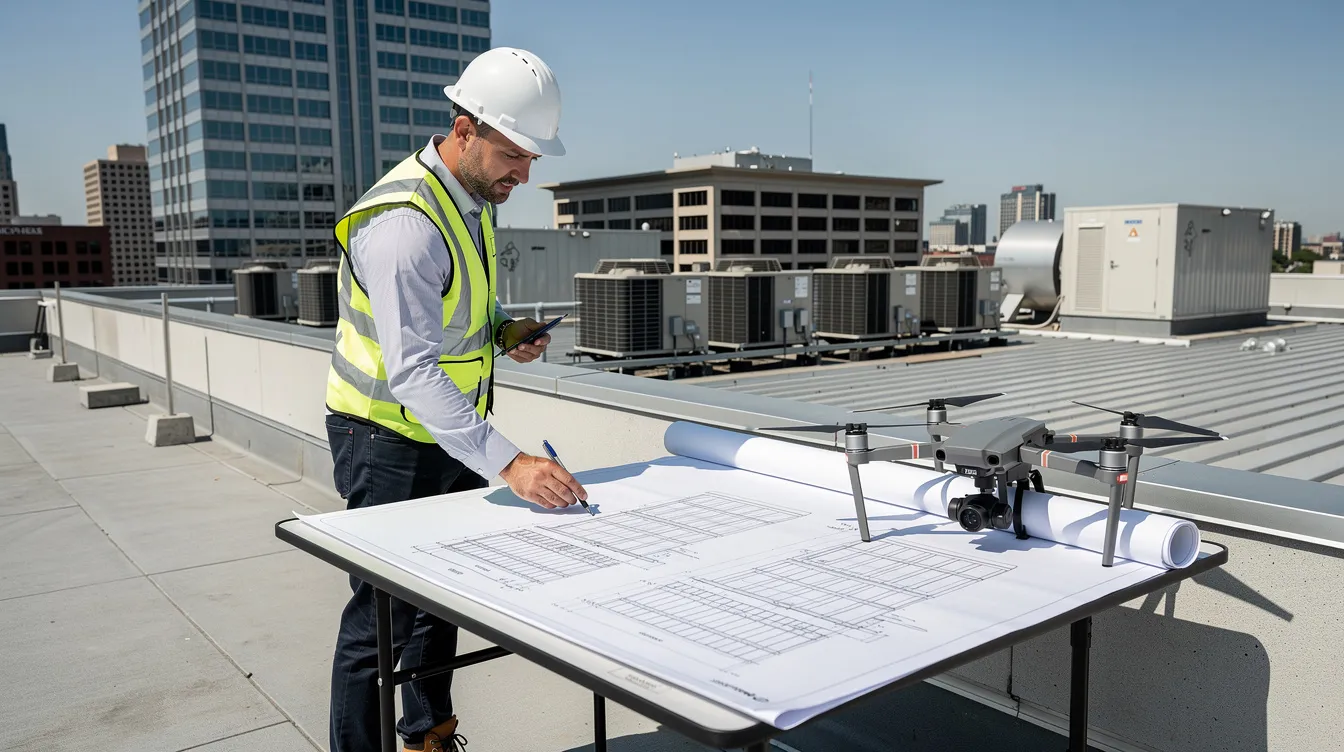An engineering consultant is reviewing building facade drawings on a commercial rooftop, accompanied by a drone, which is often used for facade inspections. This scene highlights the importance of employing unmanned aircraft systems for periodic facade inspection to ensure compliance with the Building Control Act and public safety.