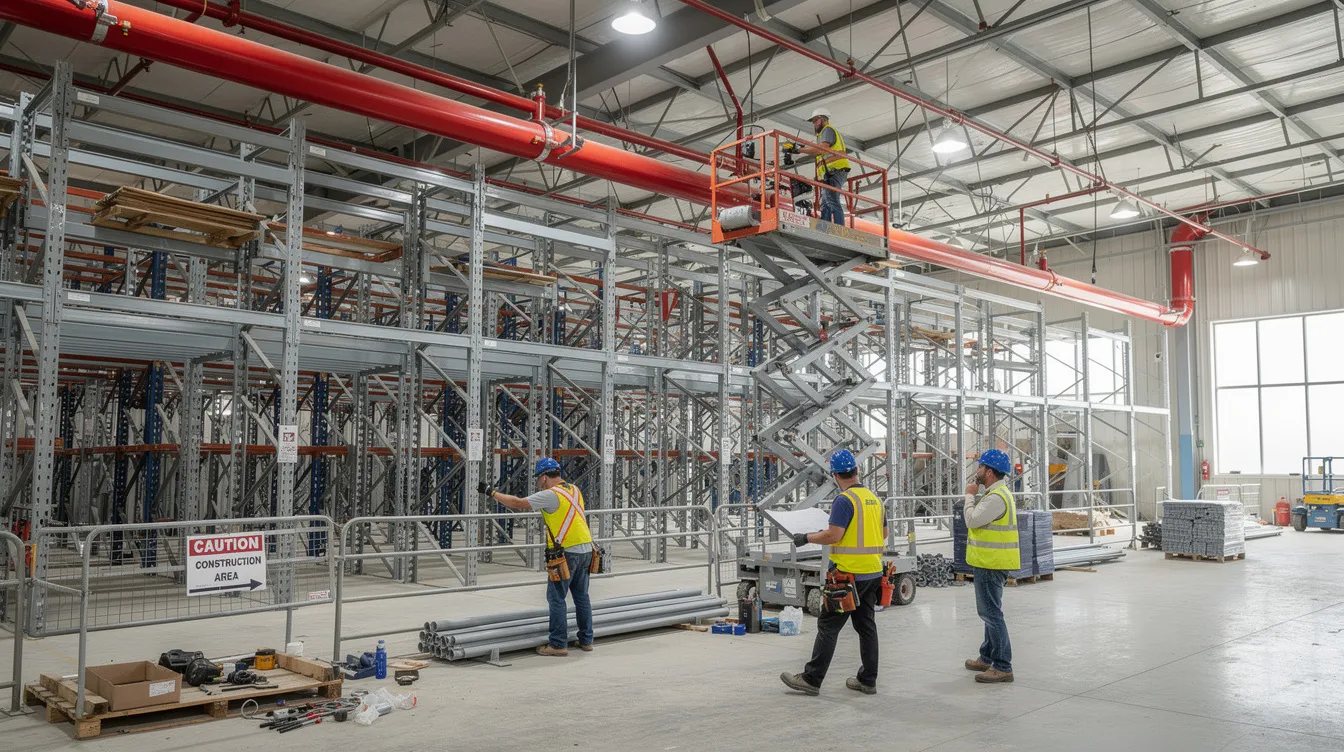 The image depicts a warehouse construction site where workers in safety equipment are installing sprinkler pipes above partially assembled storage racking. This setup is crucial for meeting fire safety regulations and ensuring compliance with SCDF fire safety requirements.