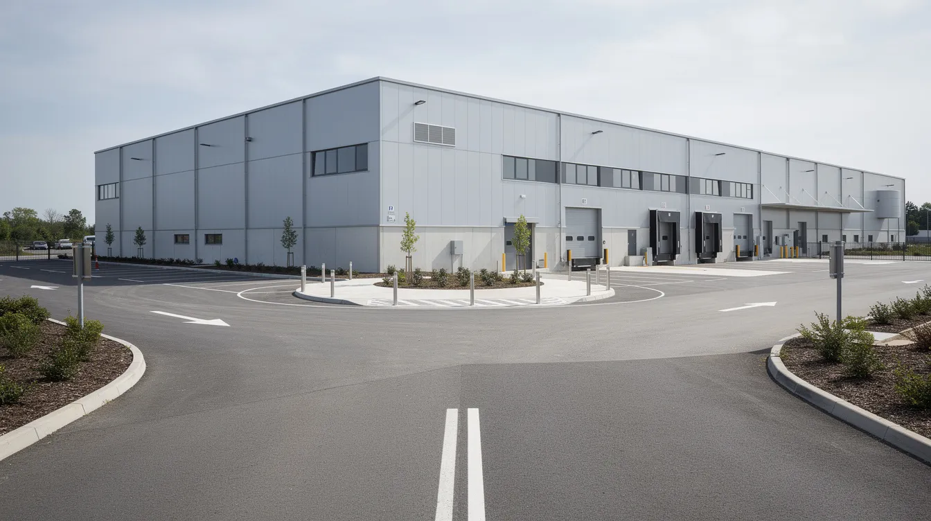 The image depicts the exterior of a large industrial building, featuring a wide paved access road and a designated area for emergency vehicle turning. This setup reflects the importance of fire safety measures and compliance with fire protection systems, ensuring efficient emergency response as part of a comprehensive fire safety management plan.