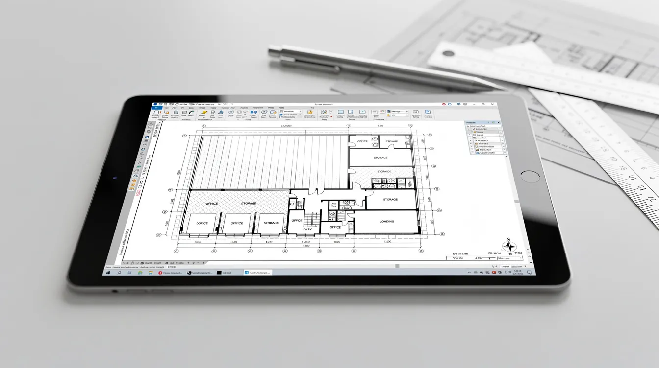 The image displays an architectural floor plan layout on a digital screen, showcasing the configuration of industrial units. This detailed design likely requires plan consent submissions to relevant authorities, including the building and construction authority and the urban redevelopment authority.
