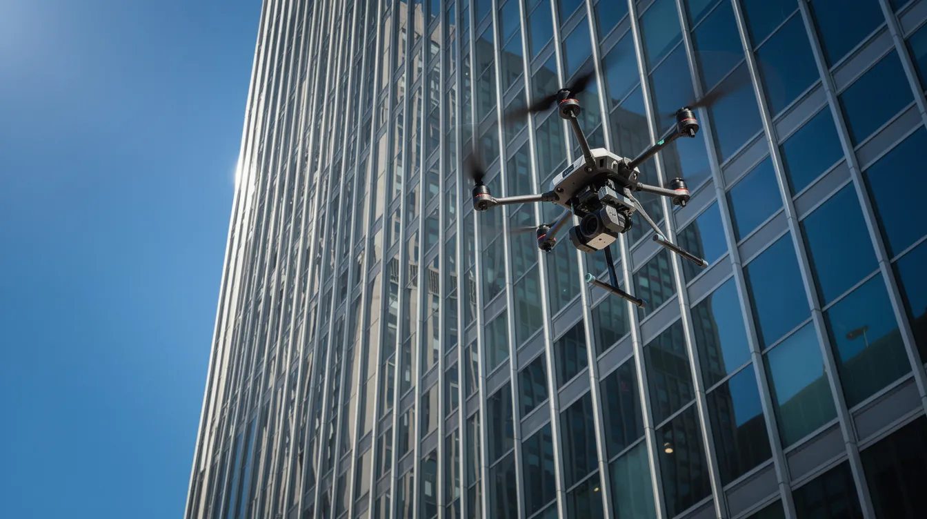 A commercial drone is hovering near the upper levels of a tall glass and steel building facade, conducting a periodic façade inspection against a backdrop of a clear blue sky. This visual inspection aims to assess the structural integrity and identify any façade defects, ensuring compliance with the Building Control Act and public safety standards.