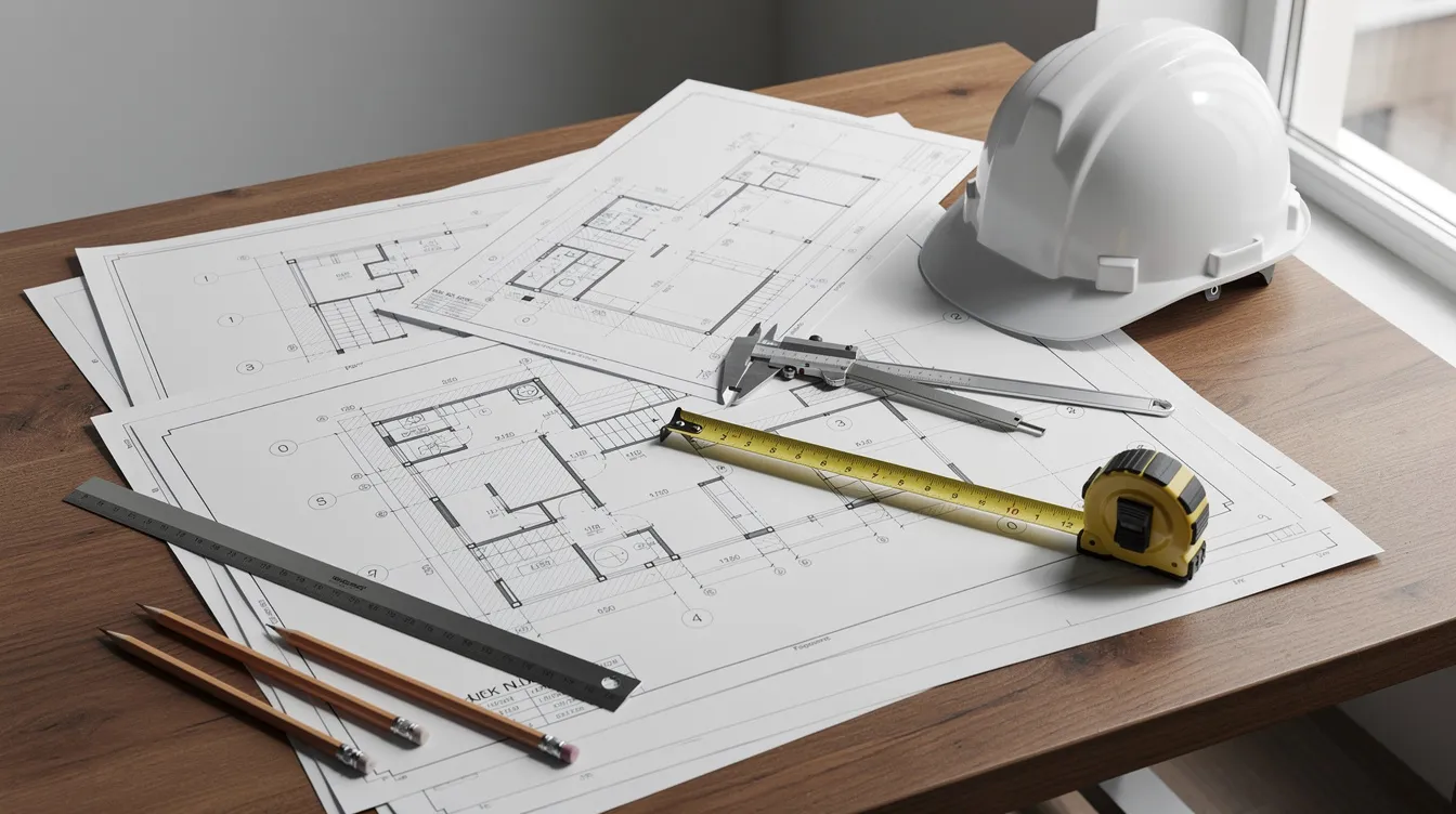The image shows an architectural blueprint and engineering drawings spread out on a desk, accompanied by a hard hat and various measuring tools, highlighting the essential documentation and equipment needed for construction projects and compliance with building and construction authority regulations. This setup emphasizes the importance of preparation and safety for construction workers and firms involved in renovation works and new builds.